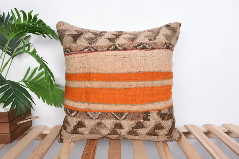 Turkish Pillow, Decorative Bolster Pillow Case, Antique Pillows, 20x20 Beige Pillow Sham, Pillow for Sofa, Cushion Cover - 1