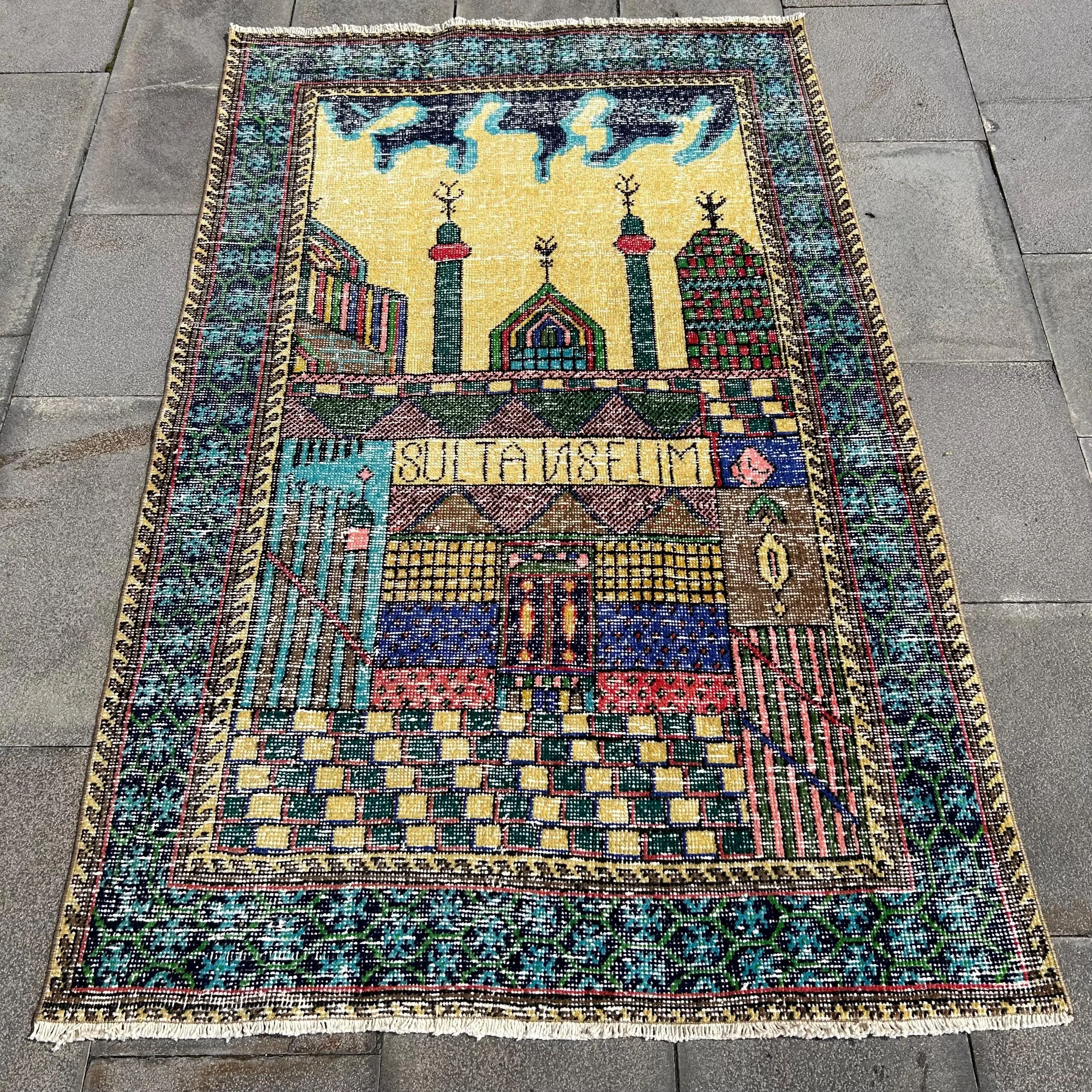 Halı, 3.5x5.5 ft Türk Halısı, Mavi Çiçekli Halı Yün - 1