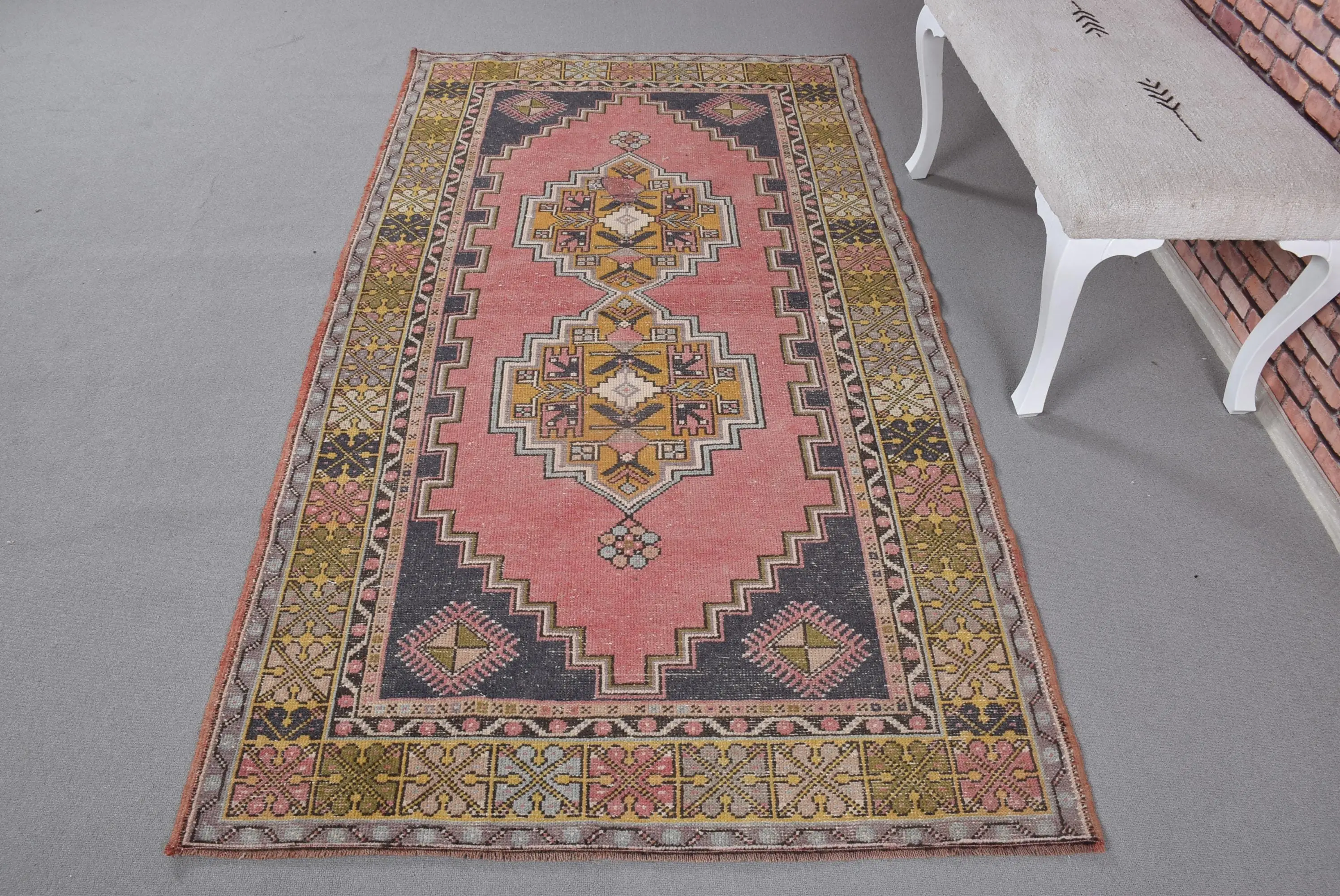 Vintage Rug, Area 3.9x7.3 ft Turkish Rug, Red Blue Oriental Wool Rug - 1