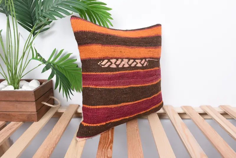 Pillow, Kilim Cushion Sham, Interior Designer Pillow, Southwestern Pillow Case, Handmade Kilim Cushion, 16x16 Orange Cushion - 4