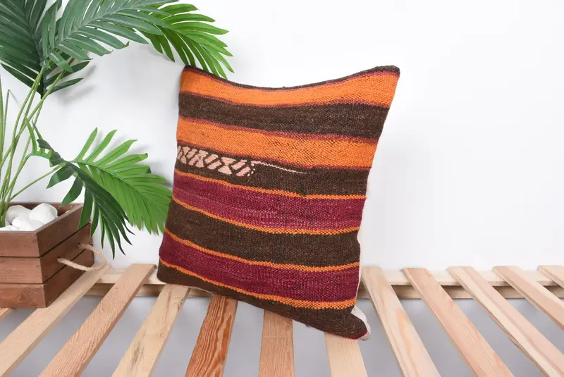 Pillow, Kilim Cushion Sham, Interior Designer Pillow, Southwestern Pillow Case, Handmade Kilim Cushion, 16x16 Orange Cushion - 5