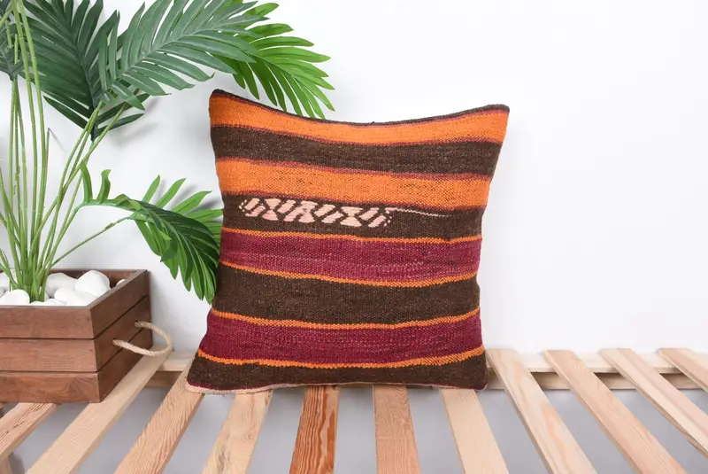 Pillow, Kilim Cushion Sham, Interior Designer Pillow, Southwestern Pillow Case, Handmade Kilim Cushion, 16x16 Orange Cushion - 1