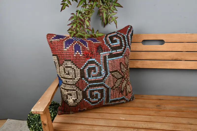 Throw Kilim Pillow, Pillow Cover, Kilim Pillow, 22x22 Red Cushion Case, Shabby Chic Cushion, Handmade Kilim Cushion - 1