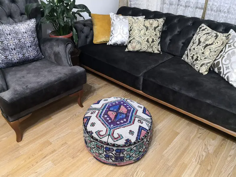 Handmade Kilim-Inspired Blue & Gray Pouf, Multi-purpose Ottoman Pouf
