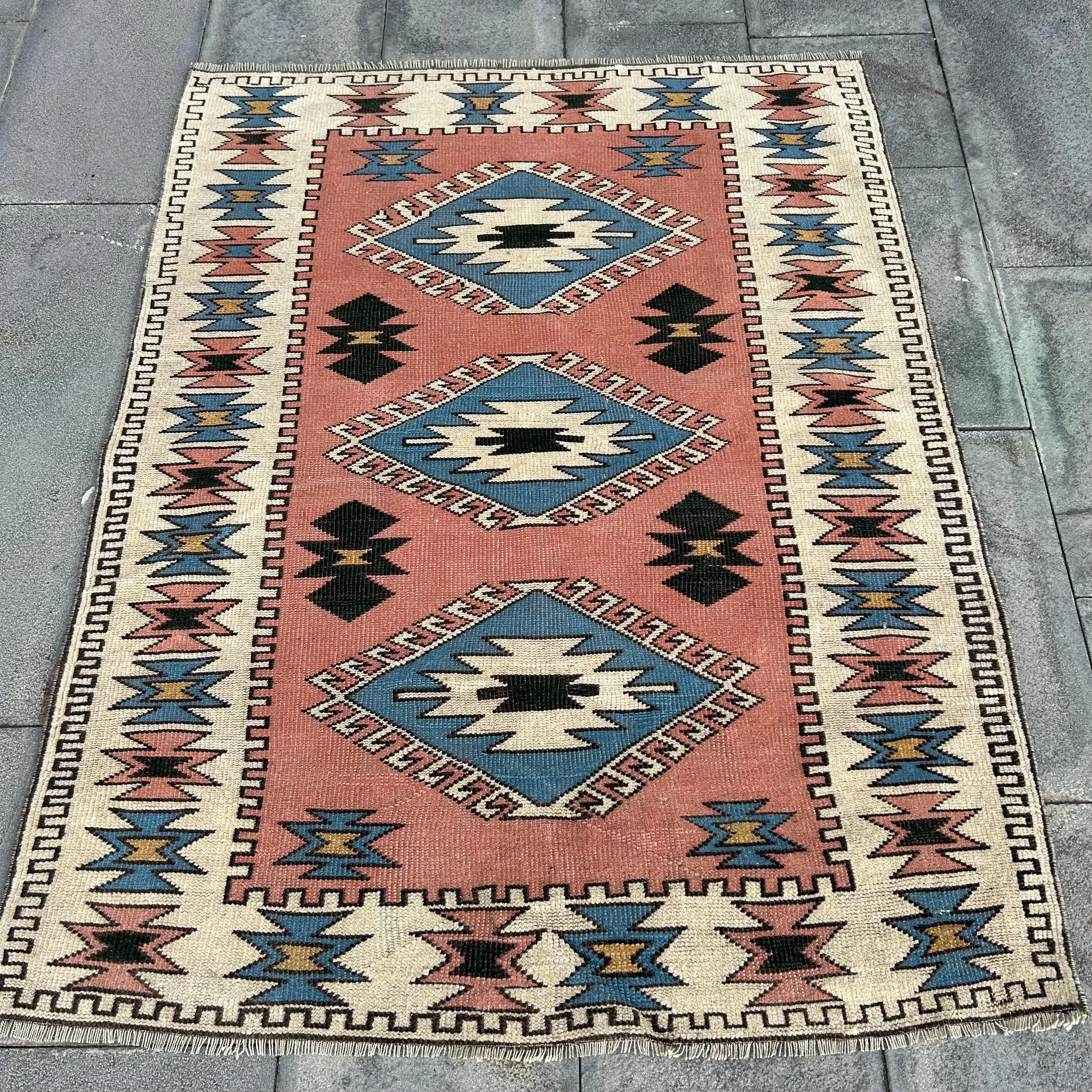 Vintage Türk Halısı, 3.7x4.8 ft Halı, Kırmızı Mavi Çizgili Yün Halı - 1