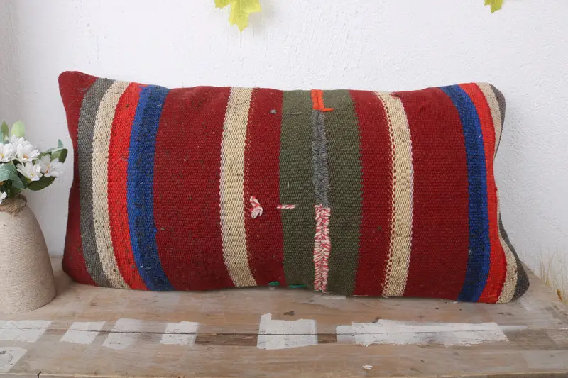 Turkish Corner Cushion Case, Bright Pillow Cover, 12x24 Red Cushion Case, Turkish Pillow, Gift Pillow, Pillow, Ethnical Kilim Rug Pillow - 2