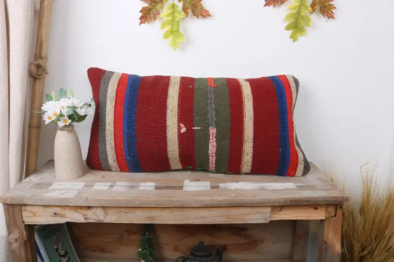 Turkish Corner Cushion Case, Bright Pillow Cover, 12x24 Red Cushion Case, Turkish Pillow, Gift Pillow, Pillow, Ethnical Kilim Rug Pillow - 1