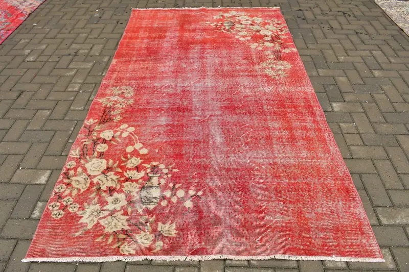Türk Oushak Halısı 5x8,7 ft (152x265 cm), Kırmızı İkat Vintage Halı - 1