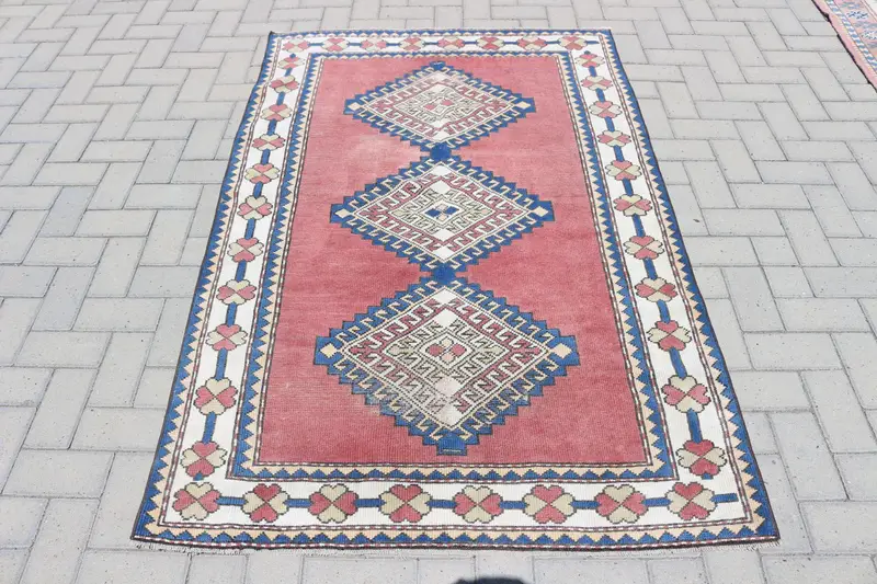 Türk Halısı, 3.8x6 ft Accent Halı, Kırmızı Mavi Oushak Yün Halı - 1