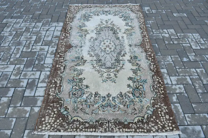 3,8x6,7 ft Oushak Teppich, türkischer Vintage Teppich, braun blauer Orientteppich - 1