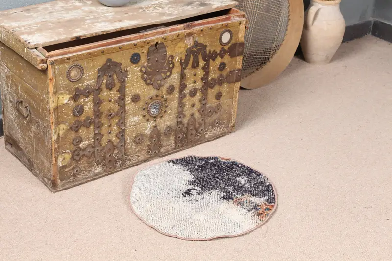 Beige-blauer Patchwork-Teppich, 1,6 x 1,7 Fuß, schickes Dekor