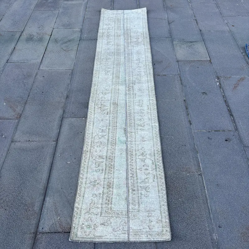 Vintage Runner Rug 1.6x8.3 ft, Turkish Oushak Gray Solid Wool Rug - 1