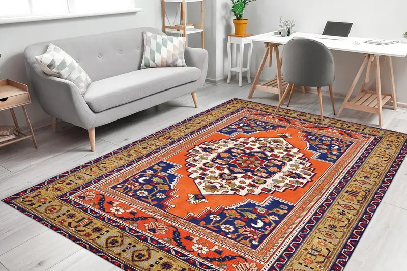 Eleganter floraler Vintage-Teppich in Orange, Blau und Braun