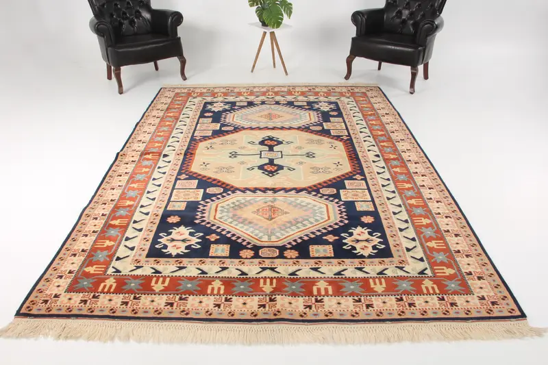 6.8x9.8 ft Turkish Rug, Large Vintage Rug, Blue Animal Print Rug - 1