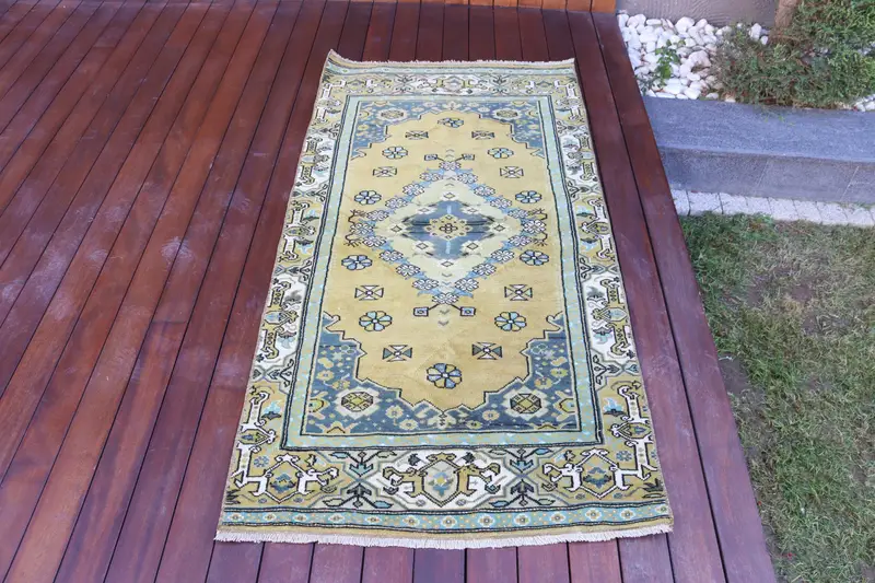 Vintage 2.8x5.4 ft Rug, Oushak Turkish Rug, Blue Ikat Rug Wool - 1