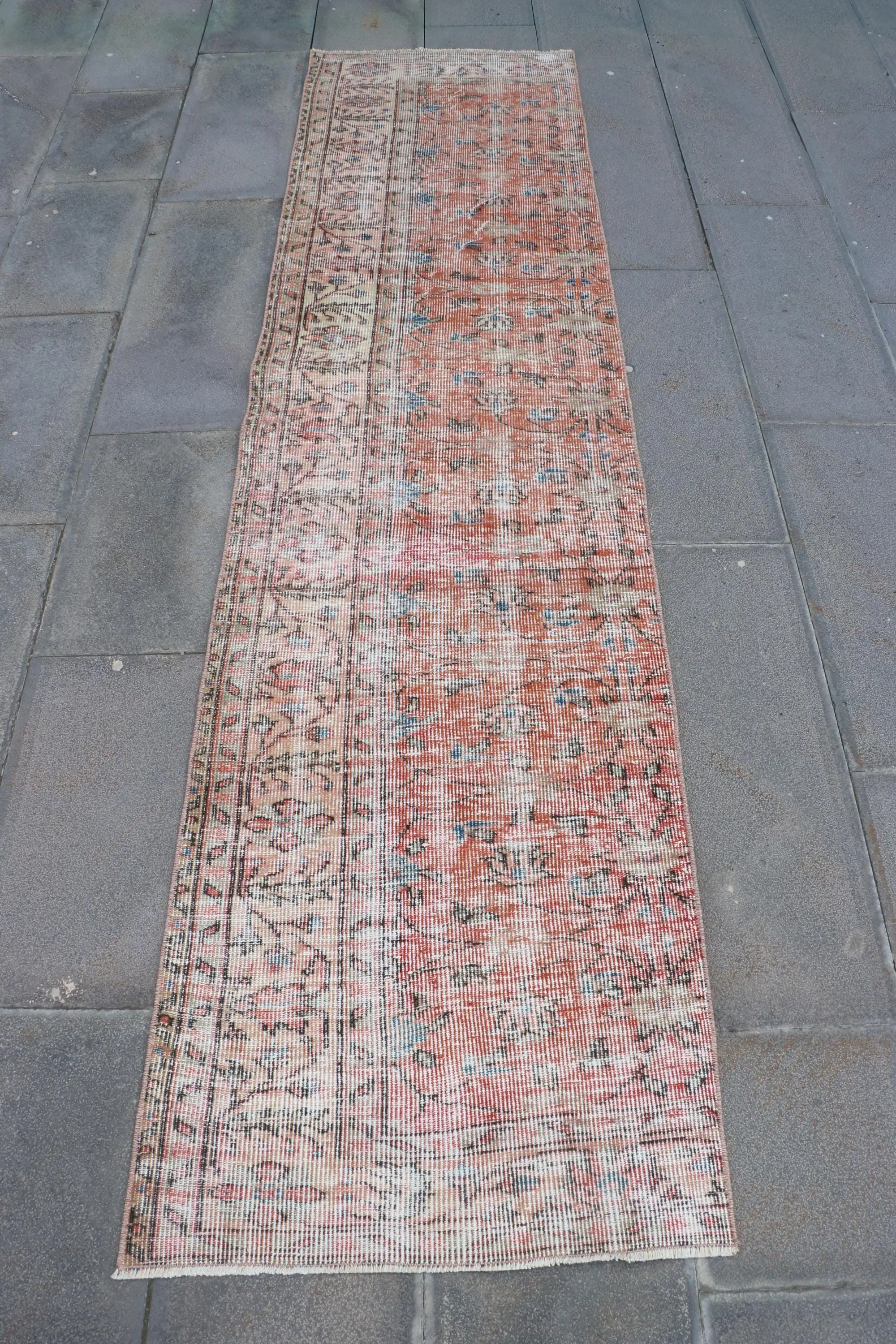 Turkish Vintage Rug, 2.3x9.2 ft Runner Rug, Red Blue Moroccan Rug - 1