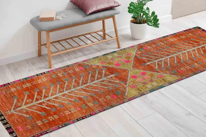 花柄オレンジキリムデザインプリントラグ