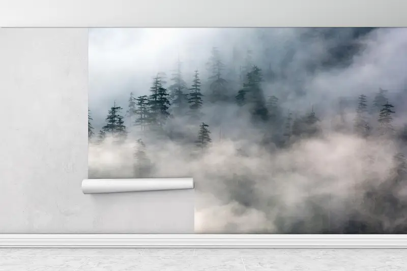 3D Origami, Landscape Digital Paper, Mountain Wall Poster, 3D Paper Art, Forest Mural, Foggy Forest Wall Paper, Wallpaper Border, - 1
