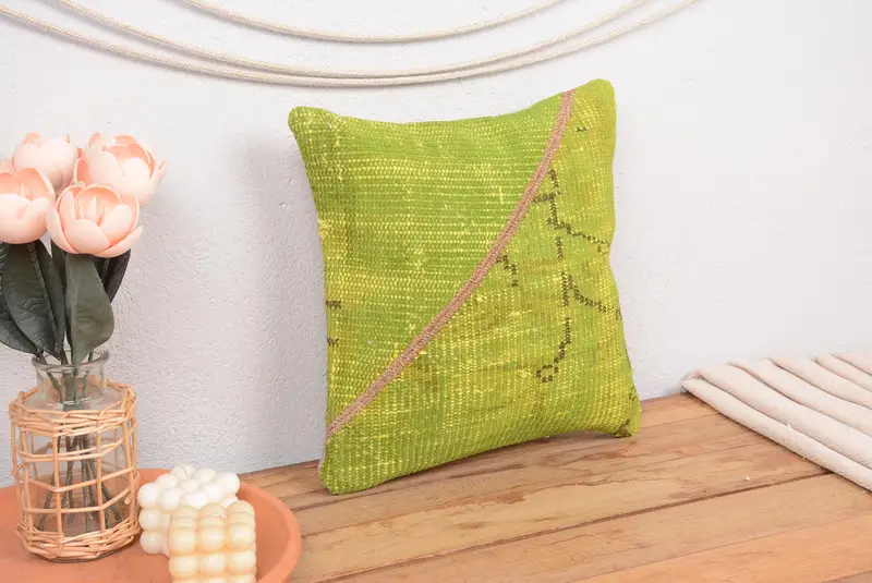 Grünes und braunes Patchwork-Wurfkissen, 14x14 handgemachtes Kissen