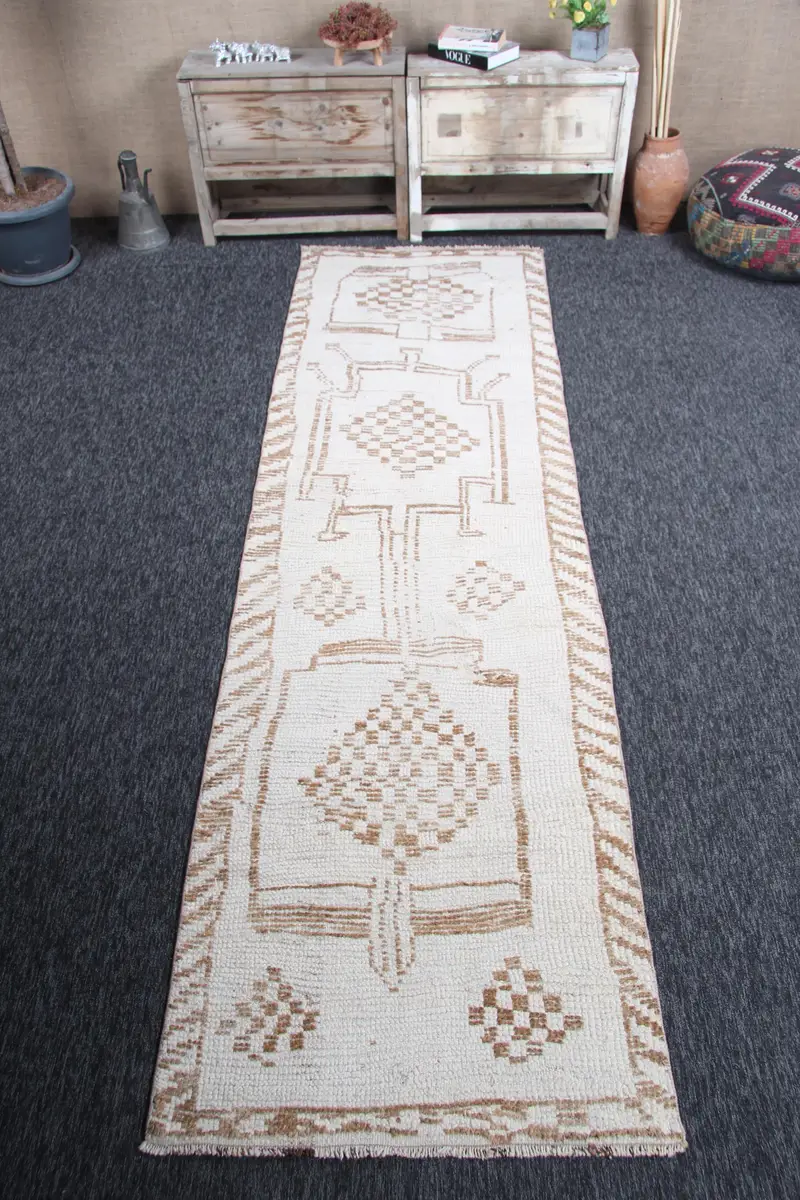 Turkish Small Rug 3x10.5 ft, Beige Brown Geometric Rug Wool - 1