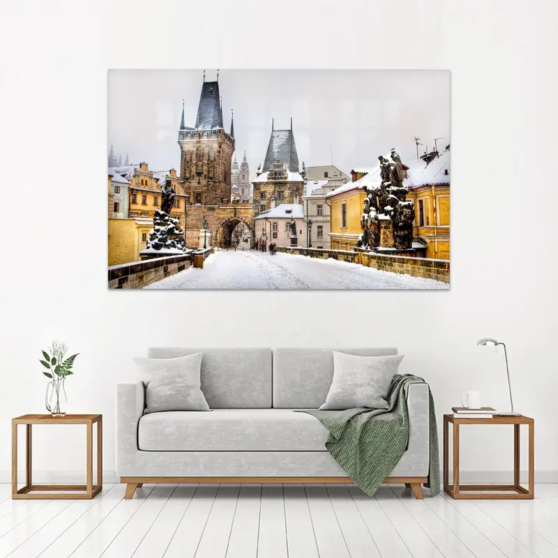 Zarif Baskılı Cam: Prag Şehir Manzarası Kış Manzarası