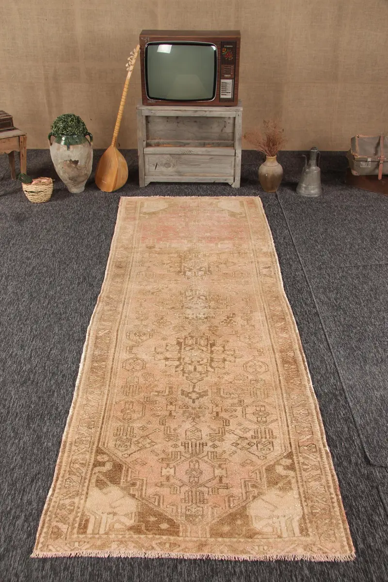Vintage Türk Halısı 3,4x9,7 ft (105x296 cm), Oushak Kahverengi Yün Halı - 1