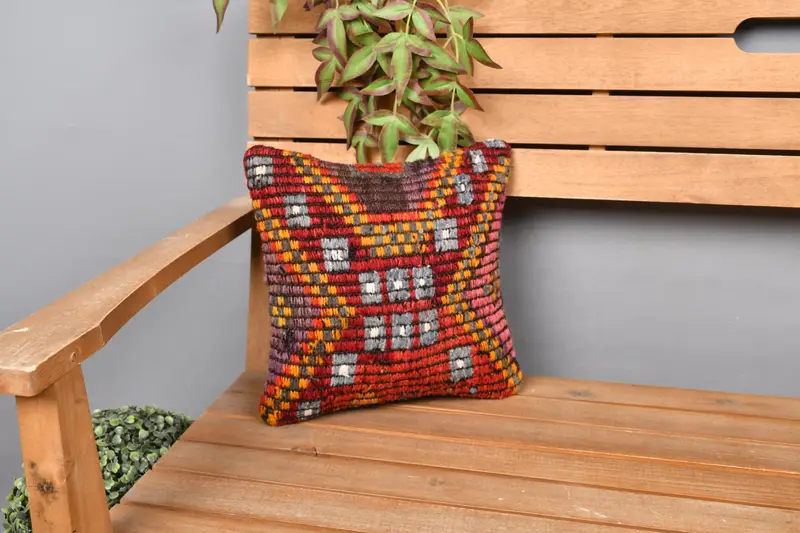 Boho Pillow Sham Cover, Gift Pillow, Ethnic Cushion, 12x12 Red Pillow, Throw Kilim Pillow, Christmas Pillow Cover, Cushion Cover - 1