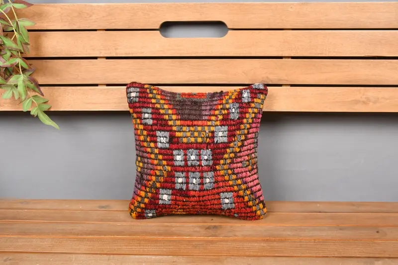 Boho Pillow Sham Cover, Gift Pillow, Ethnic Cushion, 12x12 Red Pillow, Throw Kilim Pillow, Christmas Pillow Cover, Cushion Cover - 6