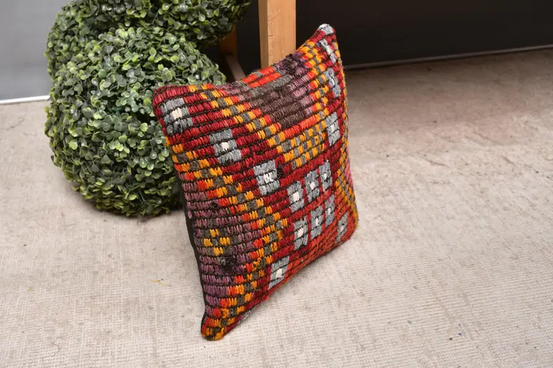 Boho Pillow Sham Cover, Gift Pillow, Ethnic Cushion, 12x12 Red Pillow, Throw Kilim Pillow, Christmas Pillow Cover, Cushion Cover - 7