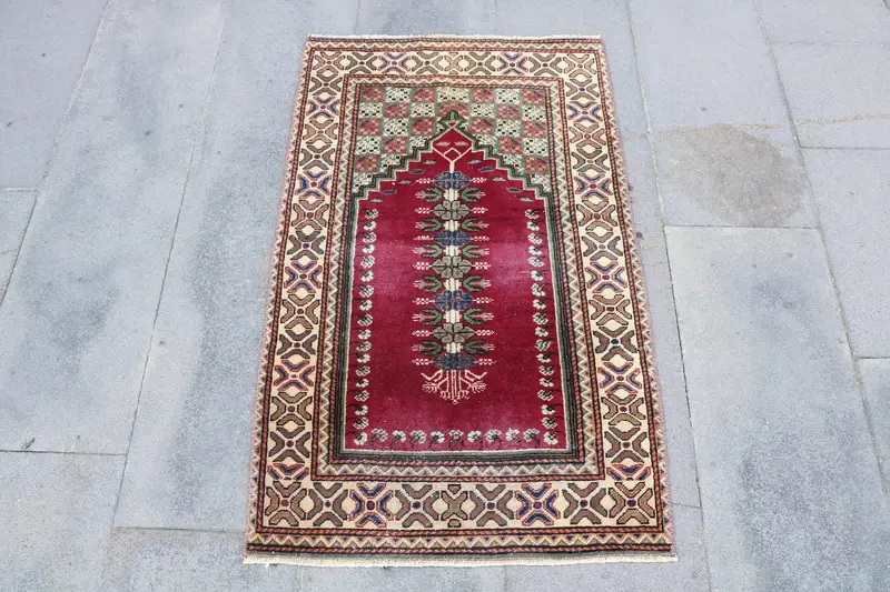 2.1x3.4 ft Vintage Rug, Turkish Small Rug, Red Blue Floral Rug - 1