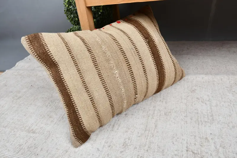 Ethnical Kilim Rug Pillow, Turkish Kilim Pillow, Kilim Pillow Cover, Decorative Cushion, Cushion Case, 16x24 Beige Pillow Sham - 7