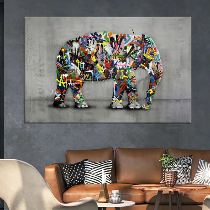 Lebhafte Elefanten-Graffiti-Leinwand: Abstrakte, farbenfrohe, von Banksy inspirierte Kunst