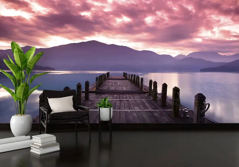 Baskılı Duvar Kağıdı: Pembe Bulutlar ve Deniz Manzarası Elegance