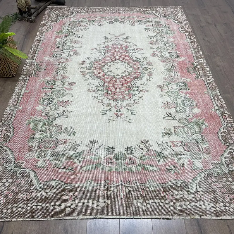 Vintage Turkish Rug 6.2x9.4 ft, Red Oushak Striped Rug - 1