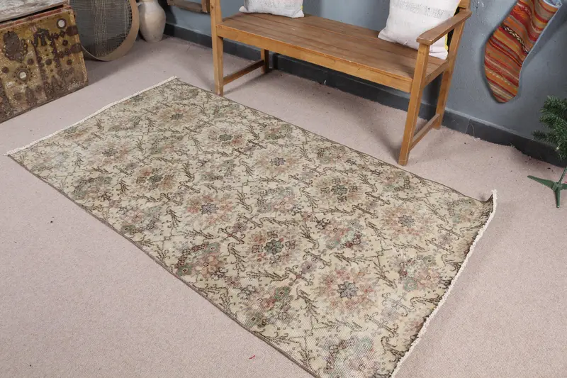 Zarif Bej ve Kahverengi Halı, 3,7x6,8 ft Çizgili Tasarım