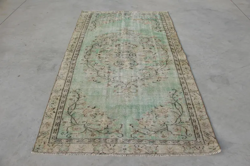 4.3x7.5 ft Vintage Alan Halısı, Yeşil Kahverengi Türk Çiçek Yün Halısı - 1