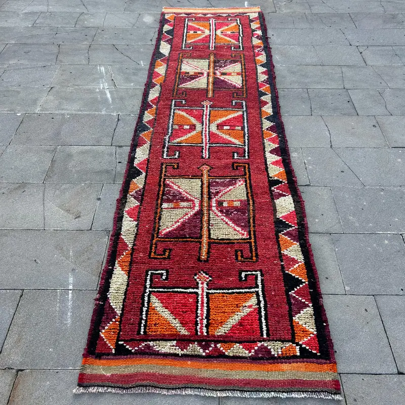 Vintage Turkish Runner Rug 2.8x10.4 ft, Red Orange Polka dot Wool Rug - 1