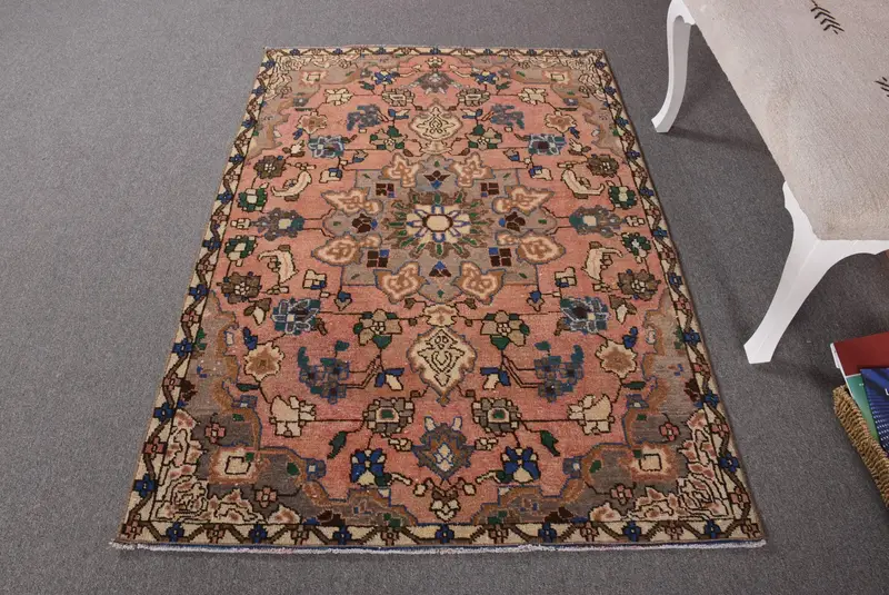 3.7x5.4 ft Oushak Rug, Vintage Turkish Rug, Red Blue Animal Print Rug - 1