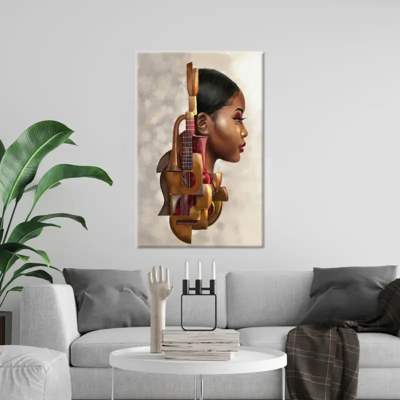 現代アフリカ女性キャンバス: ヴァイオリンとサクソフォーンの抽象的なメロディー