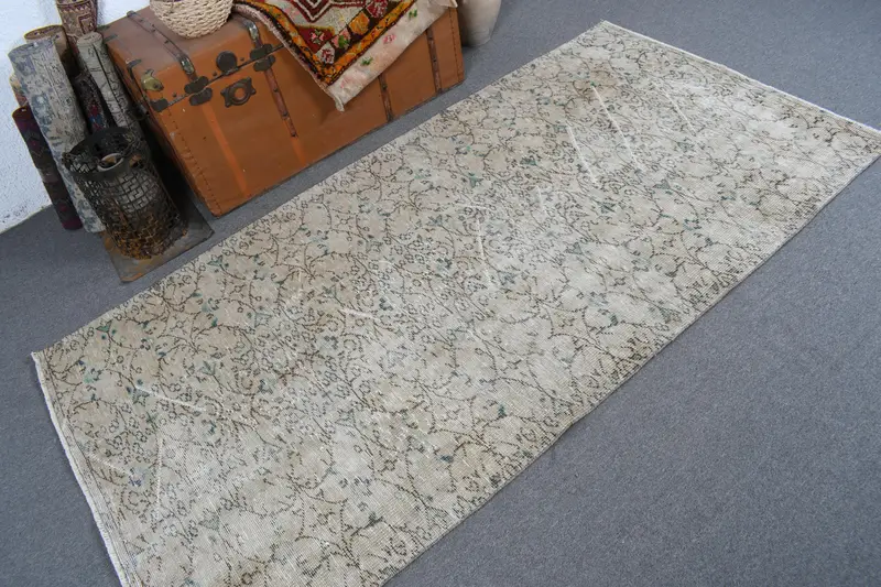 Türk Halısı, 3.7x7.3 ft Vintage Halı, Gri Mavi Bordürlü Yün Halı - 1