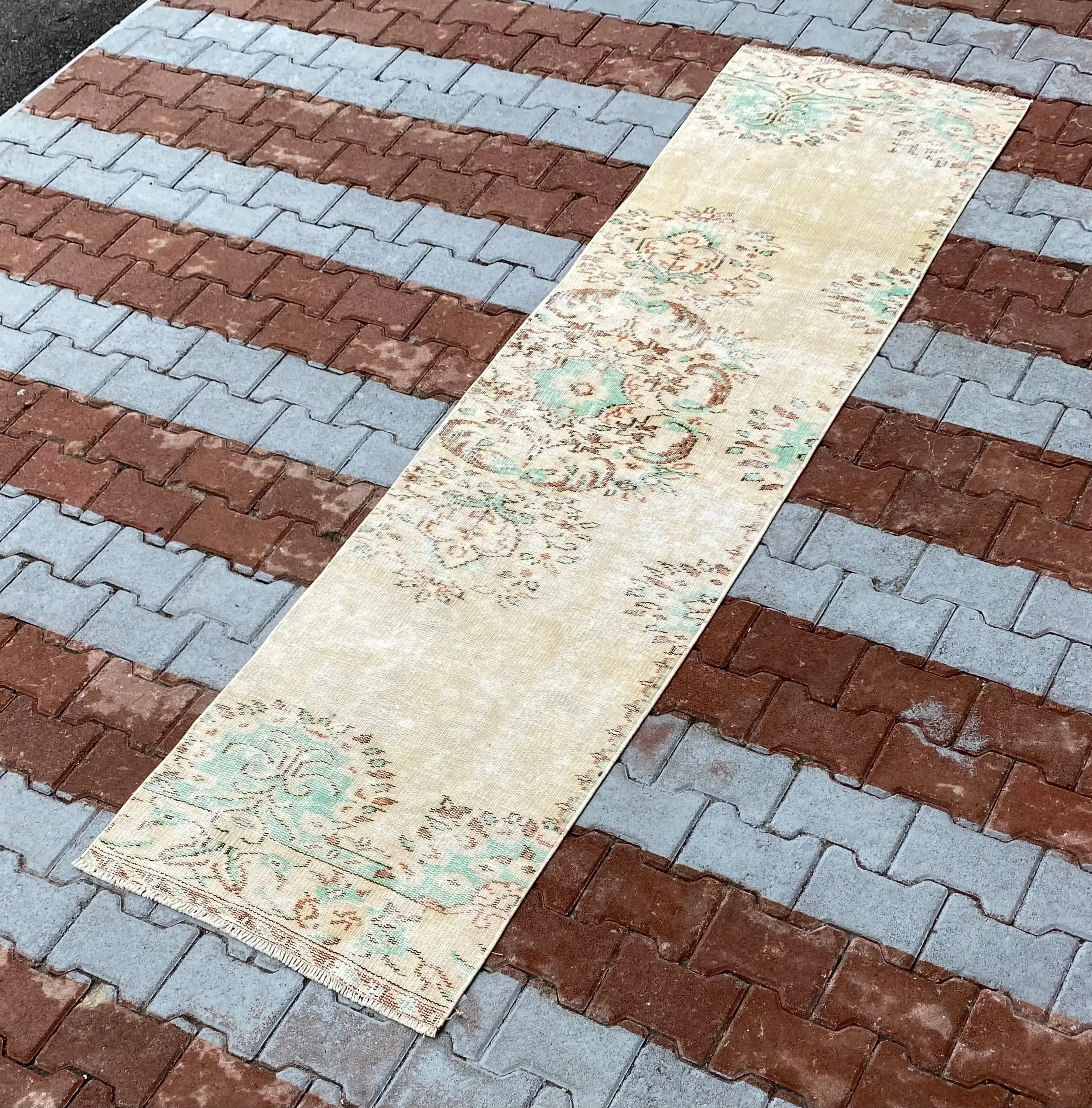 Turkish 2.3x8.6 ft Rug, Runner Vintage Rug, Brown Floral Wool Rug - 1
