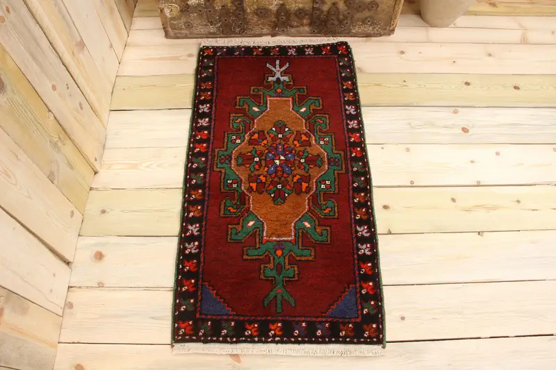 Handmade Red Rug, 0.1x0.3 ft with Orange Accents