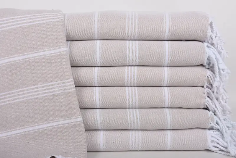 Peshtemal Organic Cotton Light Beige Striped Towel, 67x40 Inches