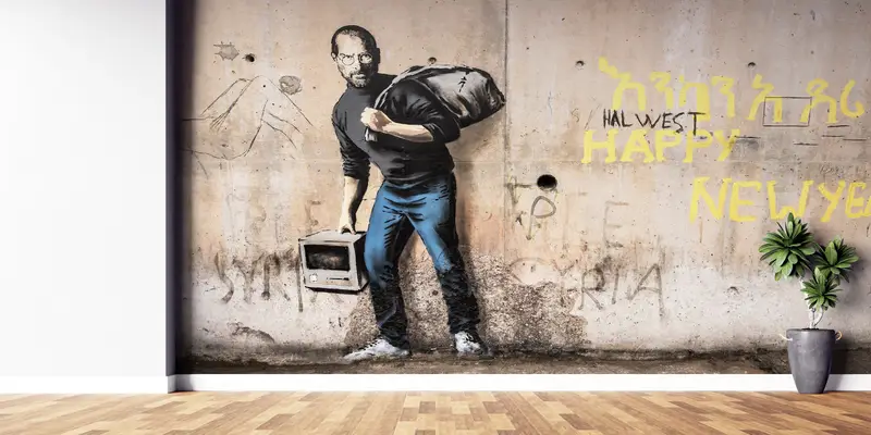 Benutzerdefiniertes Handlungen, helles Tapepapier, modernes Migrant Steve Jobs, Banksy Graffiti Wandplakat, Banksy Street Wandgemälde, - 1