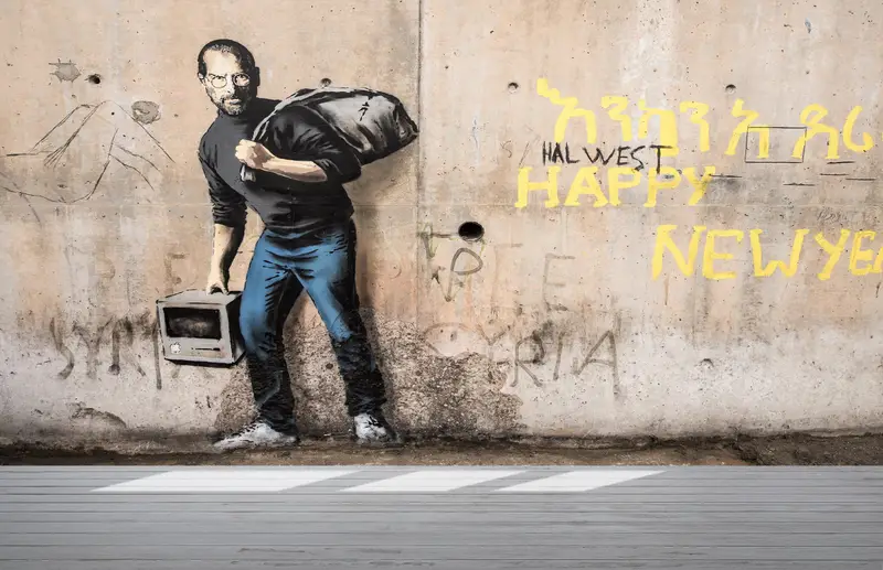 Benutzerdefiniertes Handlungen, helles Tapepapier, modernes Migrant Steve Jobs, Banksy Graffiti Wandplakat, Banksy Street Wandgemälde, - 2