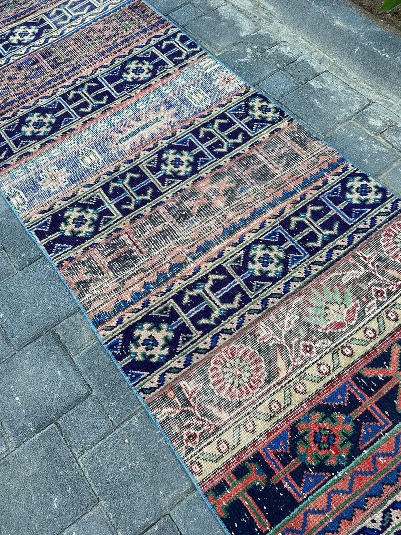 Turkish Vintage Rug 2.7x12.6 ft (81x384 cm), Oushak Blue Red Ombré Rug - 1
