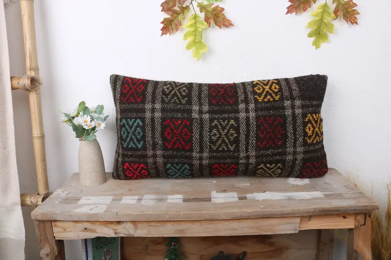 Vintage Pillow, Cushion, Home Decor Pillow, Ethnical Kilim Rug Pillow, Handmade Pillow, 12x24 Brown Pillow Cover - 1
