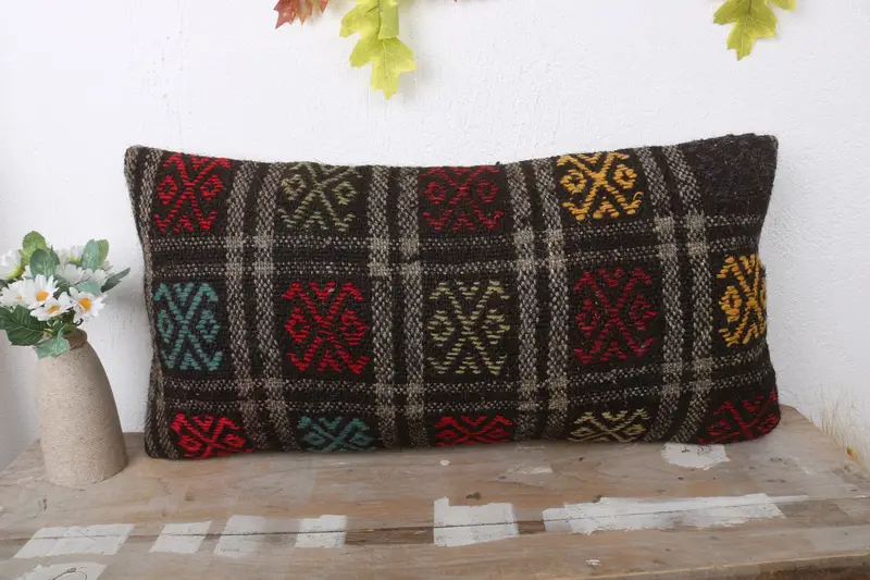 Vintage Pillow, Cushion, Home Decor Pillow, Ethnical Kilim Rug Pillow, Handmade Pillow, 12x24 Brown Pillow Cover - 2