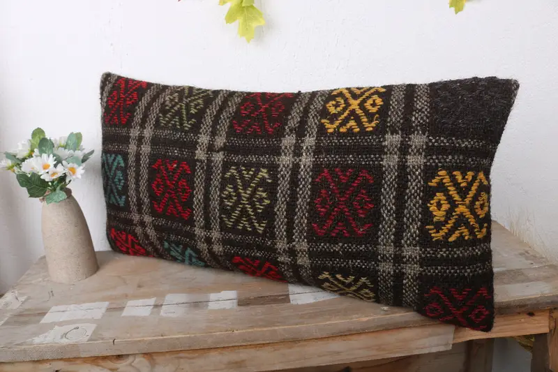 Vintage Pillow, Cushion, Home Decor Pillow, Ethnical Kilim Rug Pillow, Handmade Pillow, 12x24 Brown Pillow Cover - 4