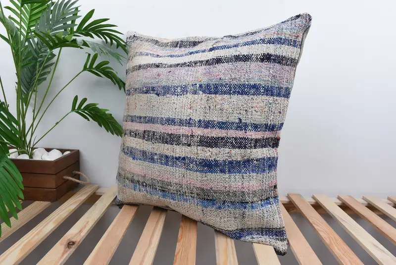 Turkish Kilim Pillow, Vintage Pillow, 24x24 Blue Cushion, Pillow for Sofa, Ethnic Throw Pillow, Pillow Cover, Tribal Cushion Cover - 5